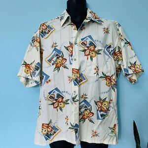 L Men's CAMPIA MODA Cotton Vintage Postcard Village Floral Hawaiian Shirt  0749